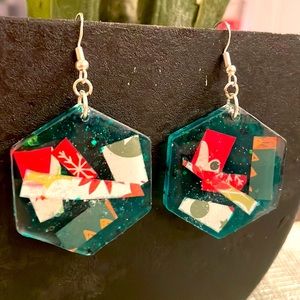 XMAS Handmade Festive Medium Holiday Earrings Green Hexagon